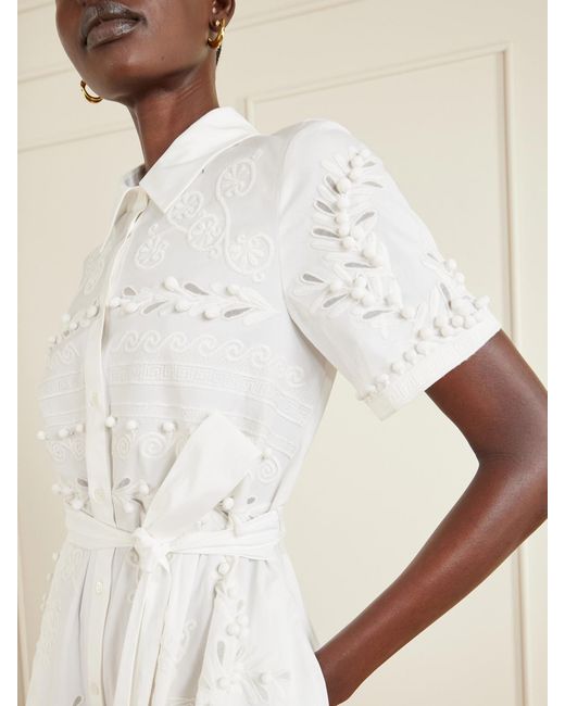 Carolina Herrera White Belted Embroidered Cotton-Blend Poplin Midi Shirt Dress