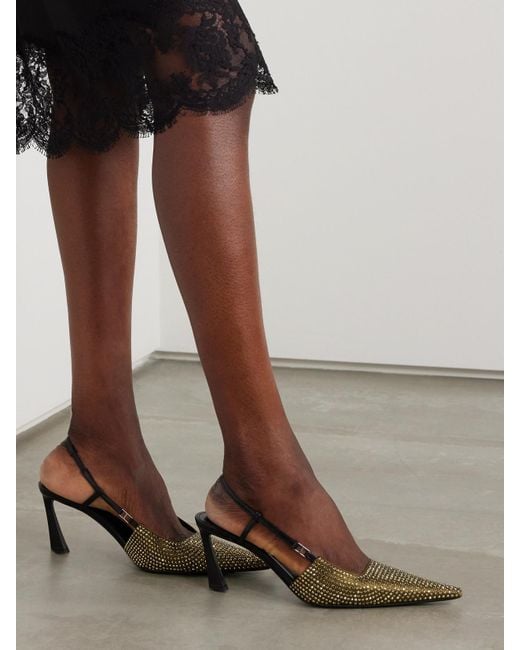 Saint Laurent Metallic Andree Crystal-Embellished Satin And Leather Slingback Pumps