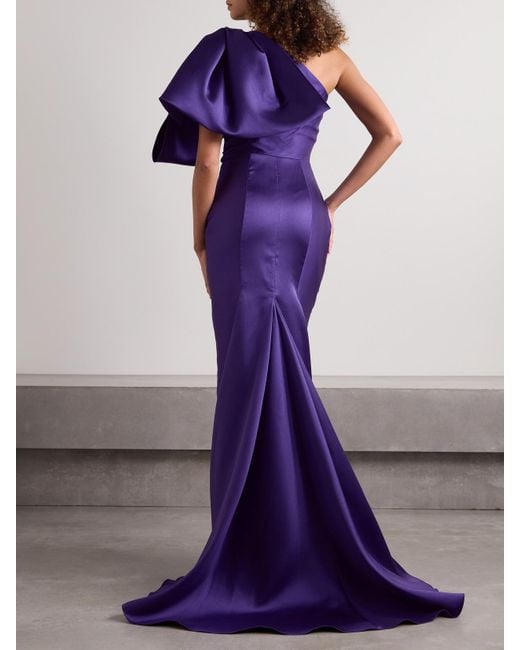 Solace London Purple Priya One-Shoulder Bow-Embellished Satin-Twill Gown