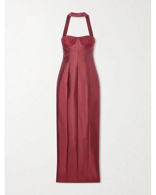 Danielle Frankel Red Lette Paneled Tulle-Trimmed Wool And Silk-Blend Twill Gown