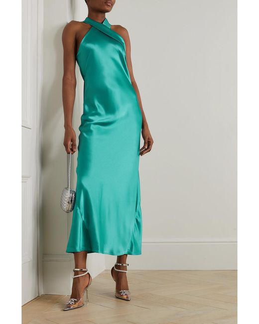 Galvan Green Pandora Satin Halterneck Maxi Dress