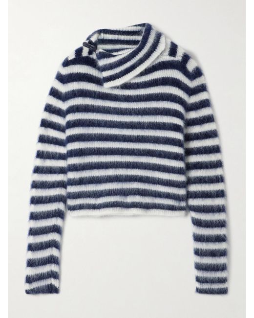 Jacquemus Blue Marina Appliquéd Striped Brushed Knitted Turtleneck Sweater