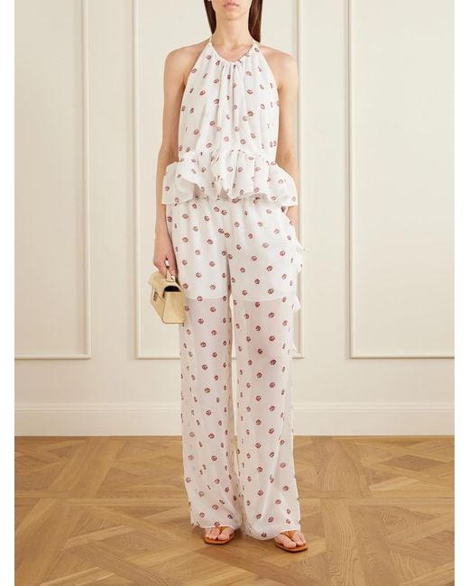 LIBEROWE White Palazzo Floral-Print Wide-Leg Silk Pants