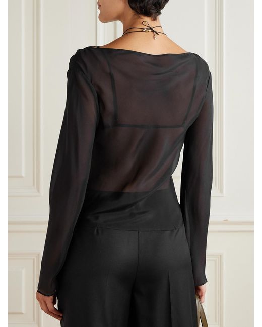 Sir Black Strobe Draped Silk-Chiffon Top
