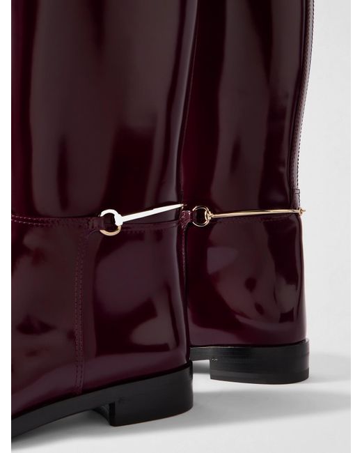 Gucci Red Webbing-Trimmed Horsebit-Embellished Patent-Leather Knee Boots