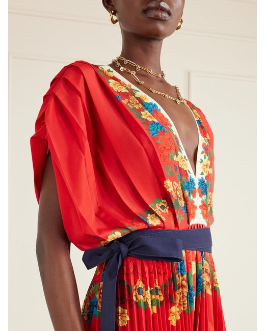 LaDoubleJ Red Accordion Pleated Floral-Print Crepe De Chine Maxi Dress