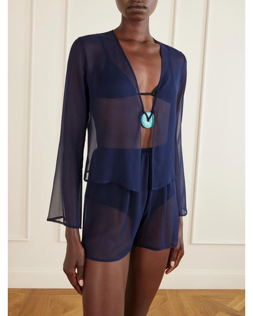 SARA CRISTINA Blue Nerea Pearl-Embellished Silk-Chiffon Blouse