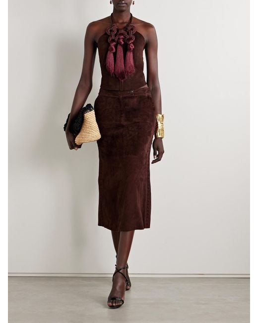Johanna Ortiz Red Kell Cropped Tasseled Suede Halterneck Top