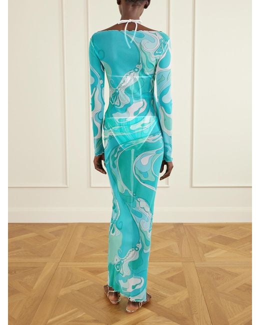Emilio Pucci Blue Ruffled Printed Tulle Maxi Dress