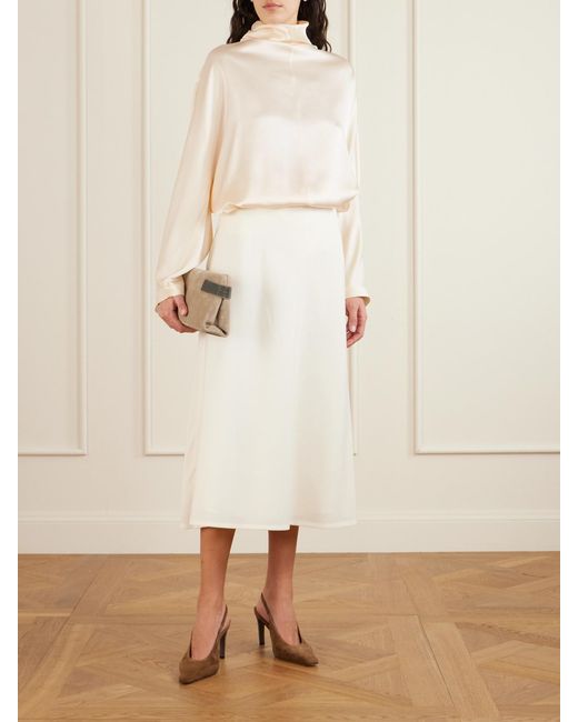 Brunello Cucinelli Natural Silk-Satin Turtleneck Blouse