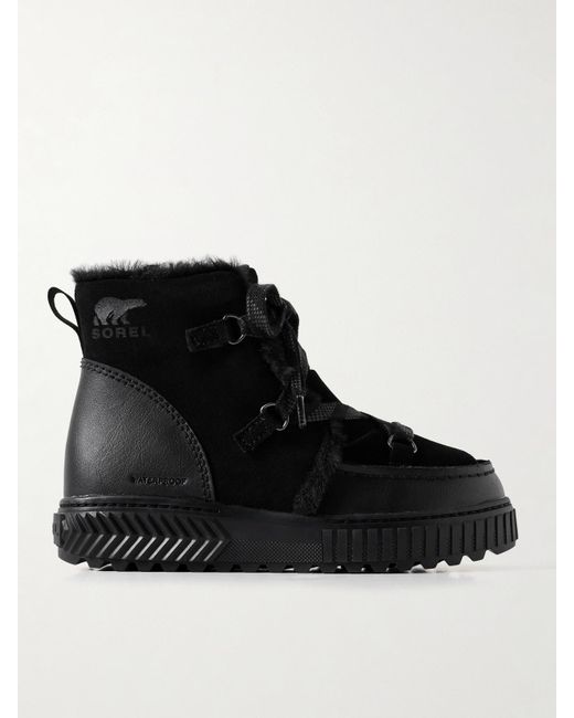 Sorel Black Ona Ave Faux Shearling-Lined Leather-Trimmed Suede Ankle Boots