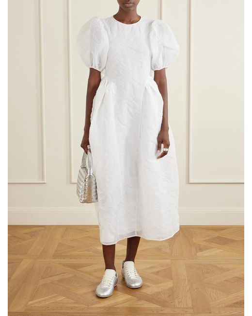 CECILIE BAHNSEN White Crinkled Papillon Matelassé Midi Dress