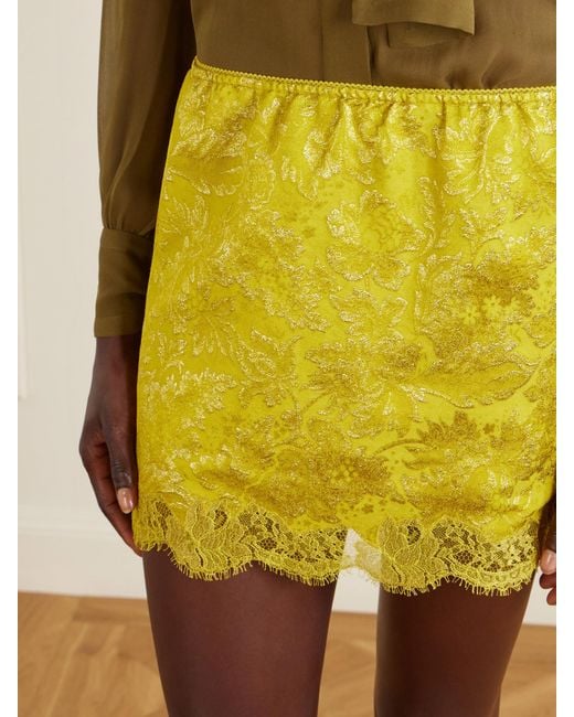 Saint Laurent Yellow Lace-Trimmed Metallic Floral-Jacquard Mini Skirt