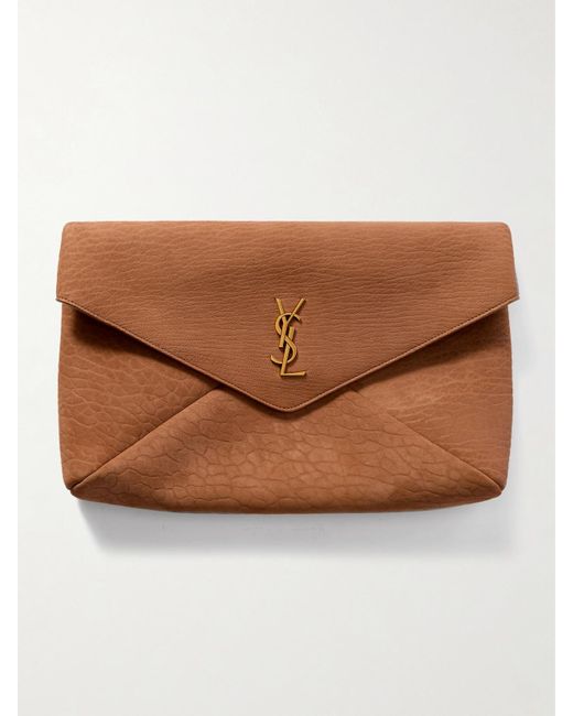 Saint Laurent Brown Cassandre Large Textured-Nubuck Clutch