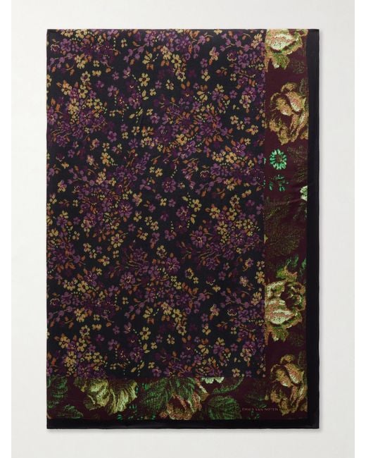 Dries Van Noten Black Flara Floral-Print Twill Scarf
