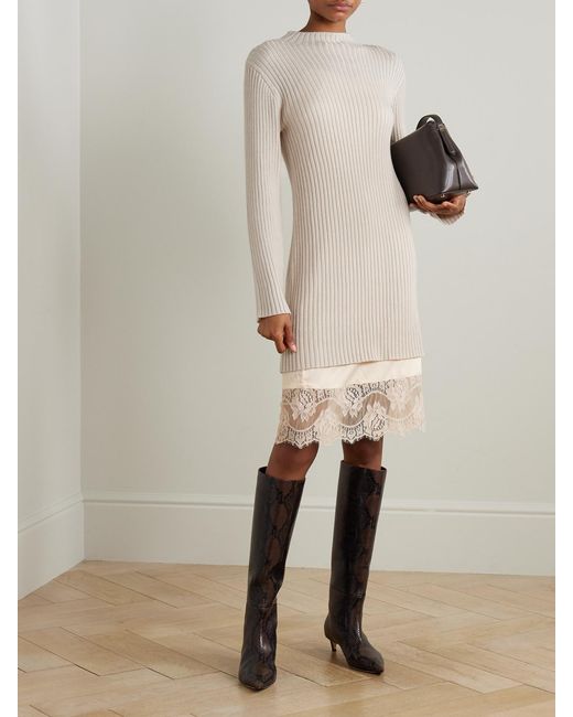 Staud Natural Willow Layered Lace-Trimmed Satin And Ribbed Wool-Blend Midi Dress