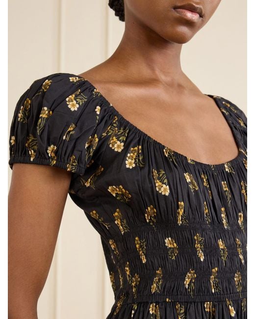 Doen Black Quinley Shirred Floral-Print Cotton-Blend Poplin Midi Dress