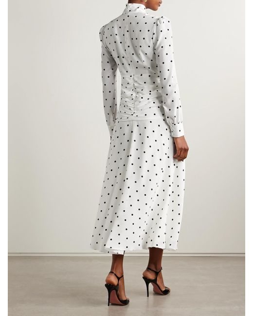 Alessandra Rich White Midikleid Aus Seiden-Georgette Mit Polka-Dots, Schleife Und Raffungen