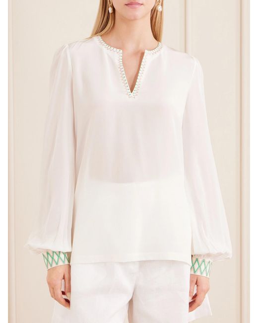 Emporio Sirenuse White Vera Embroidered Silk-Crepe Blouse