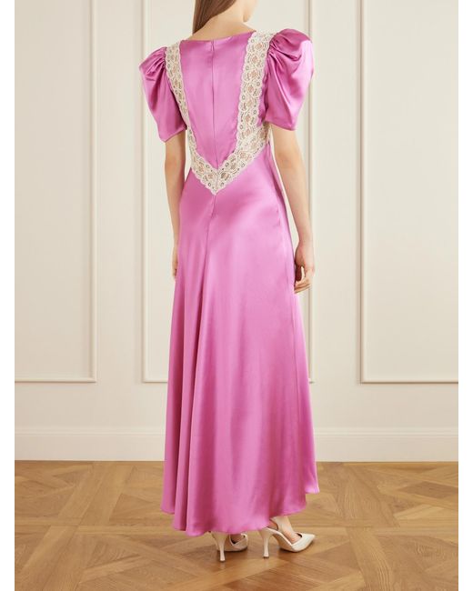 Rodarte Pink Ruched Embroidered Lace-Trimmed Silk-Twill Maxi Dress