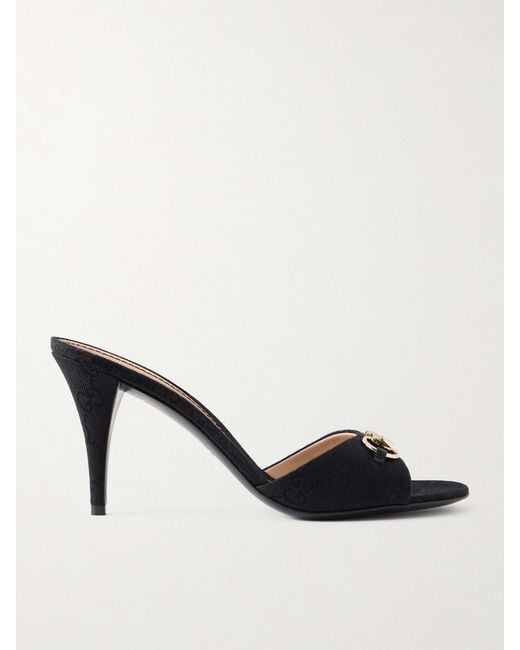 Gucci Natural Horsebit-Embellished Canvas-Jacquard Mules