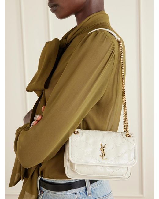 Saint Laurent Natural Niki Mini Cassandre-Embellished Crinkled-Leather Shoulder Bag