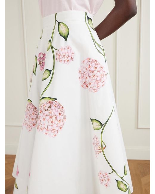 Oscar de la Renta Natural Porcelain Floral-Print Stretch Cotton-Poplin Midi Skirt