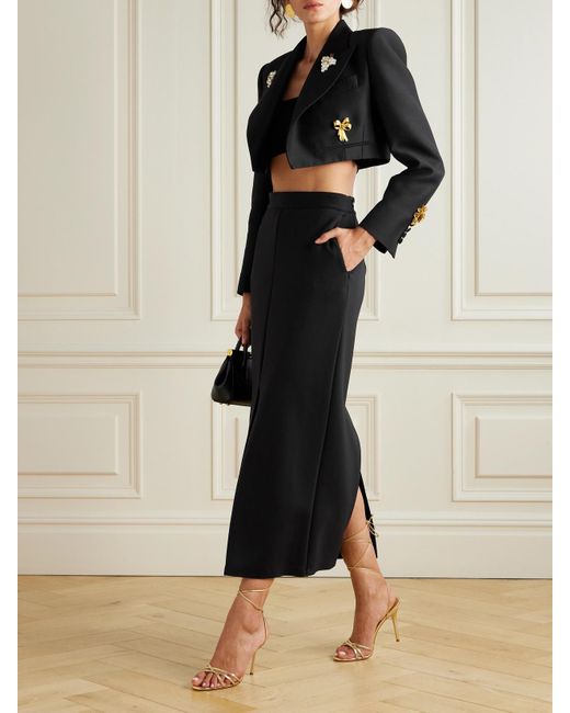 Dolce & Gabbana Black Verkürzter Blazer Aus Satin Aus Einer Woll-Seidenmischung Mit Verzierungen