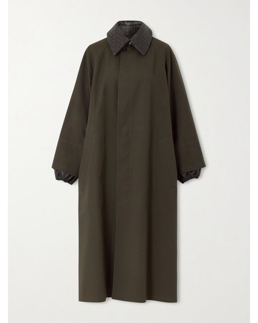 Bottega Veneta Green Intrecciato Leather-Trimmed Cotton-Blend Trench Coat
