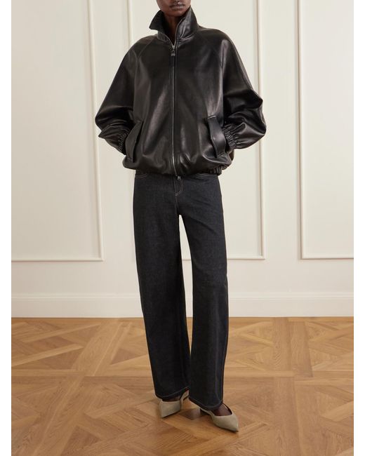 Brunello Cucinelli Black Leather Bomber Jacket