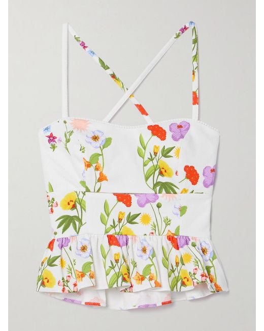 Borgo De Nor Gray Callie Cutout Printed Cotton-Blend Piqué Peplum Top