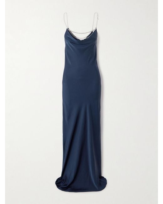 Rabanne Blue Chain-Embellished Draped Satin Maxi Dress
