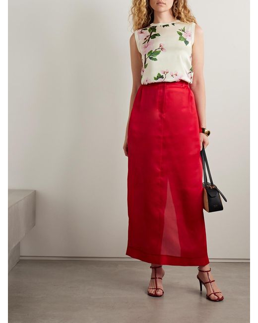 Oscar de la Renta Gray Paneled Knitted And Floral-Print Silk-Blend Twill Tank