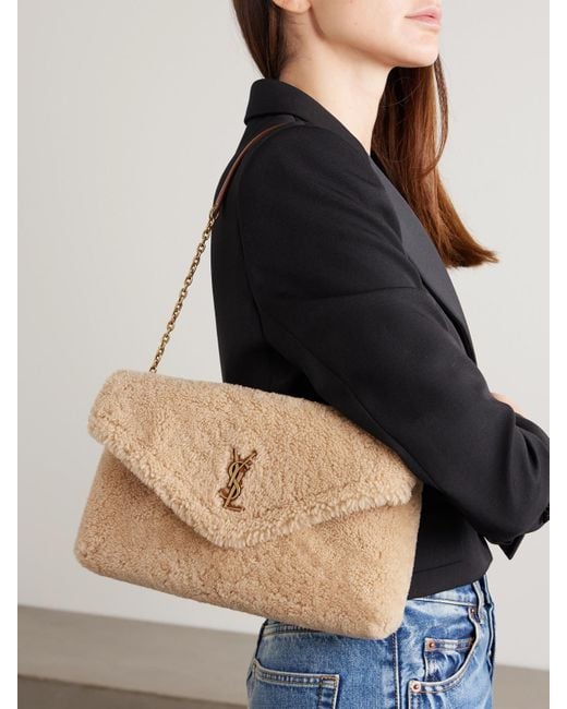 Saint Laurent Natural Cassandre Leather-Trimmed Shearling Shoulder Bag