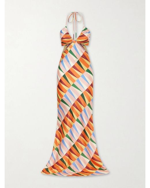 Christiano Marchelli White Caterina Printed Silk-Blend Satin Halterneck Maxi Dress