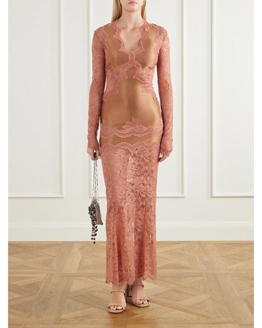 Rabanne White Lace-Trimmed Stretch-Satin Maxi Dress
