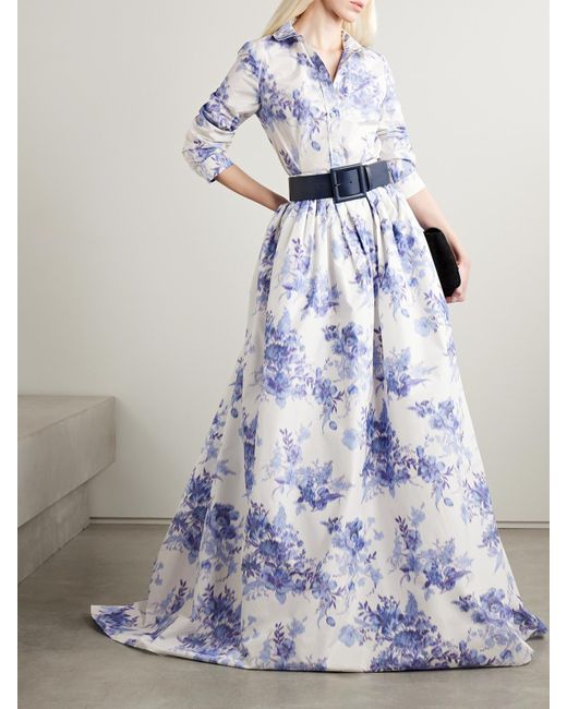 Carolina Herrera Blue Pleated Floral-Print Taffeta Maxi Skirt