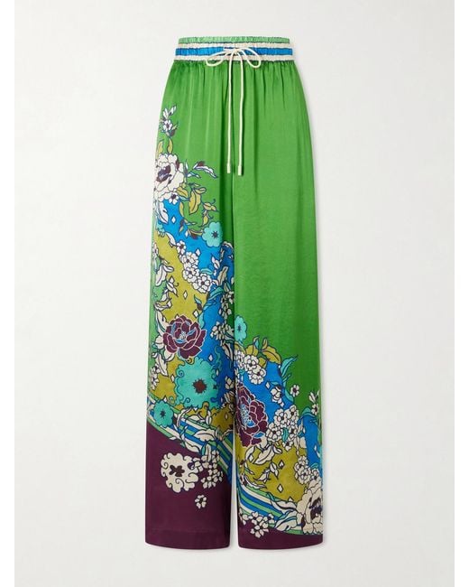 ALÉMAIS Green Nanci Floral-Print Silk-Satn Wide-Leg Pants