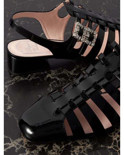Roger Vivier Black Mini Très Vivier 25 Crystal-Embellished Patent-Leather Sandals