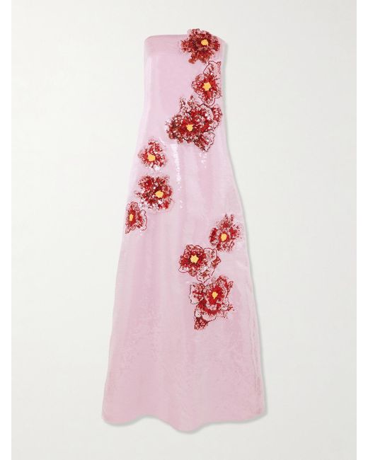 ‎Dima Ayad Pink Strapless Appliquéd Sequined Organza Gown