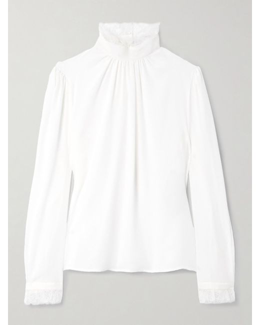 Alexander McQueen White Ruffled Lace-Trimmed Silk Crepe De Chine Blouse