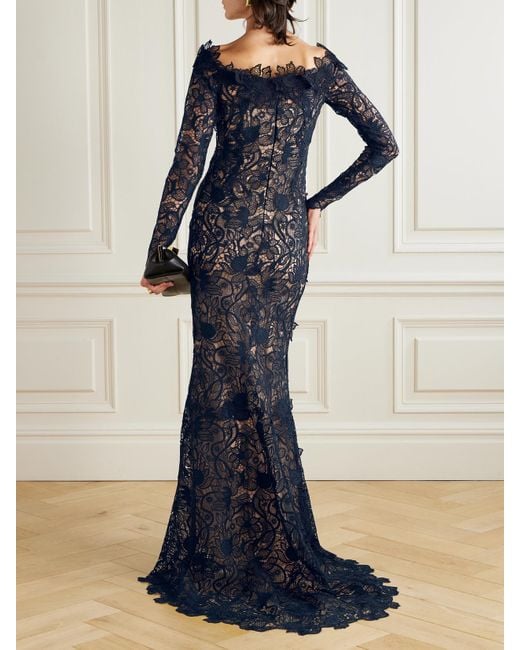 Oscar de la Renta Blue Off-The-Shoulder Appliquéd Guipure Lace Gown