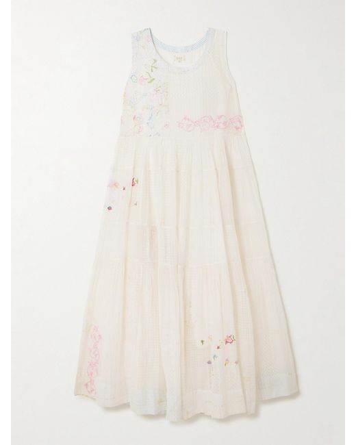 Eka Natural Citrine Embroidered Printed Cotton And Silk-Blend Voile Midi Dress