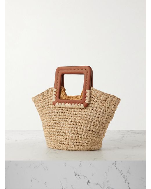 Staud White Sienna Mini Leather-Trimmed Raffia Tote