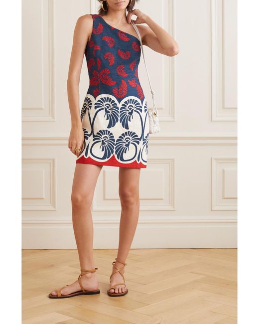 LaDoubleJ Blue One-Shoulder Printed Cotton-Blend Mini Dress