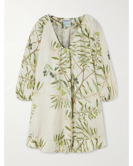 BERNADETTE White Georgette Printed Linen Mini Dress