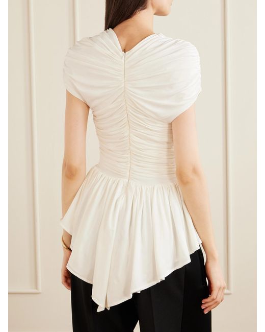 TOVE White Gabor Ruched Ruffled Stretch-Jersey Blouse