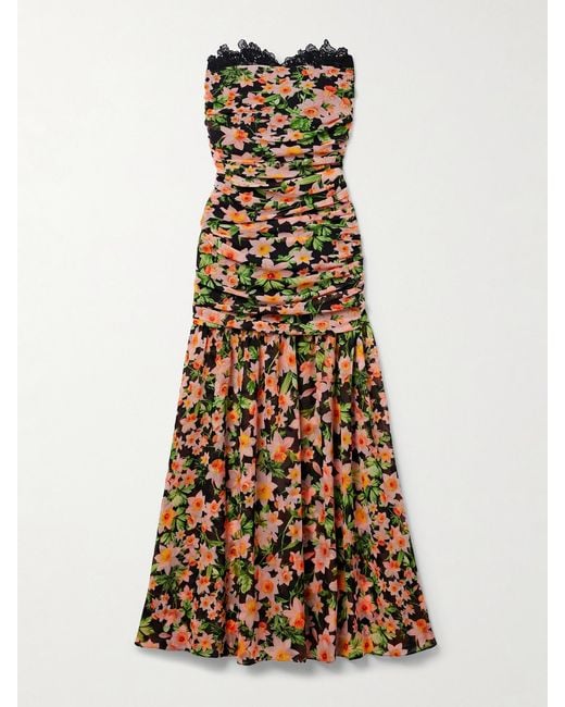 Kika Vargas Natural Viola Lace-Trimmed Floral-Print Chiffon Midi Dress