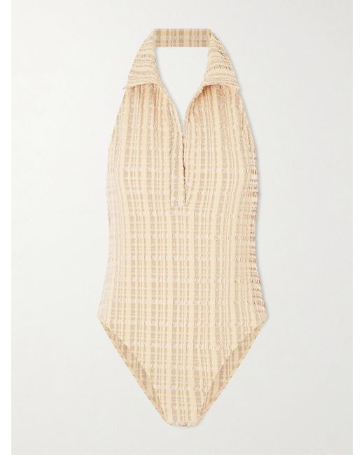 Lisa Marie Fernandez Natural Checked Seersucker Halterneck Swimsuit