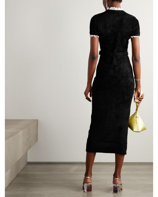 Self-Portrait Black Crystal-Embellished Lace-Trimmed Chenille Midi Dress